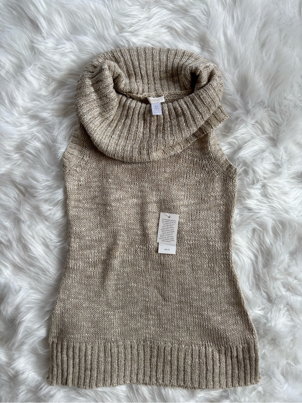 Chicos size 0 women’s NWT Sleeveless Cowl Neck Sweater Tunic - Beige